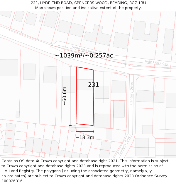 231, HYDE END ROAD, SPENCERS WOOD, READING, RG7 1BU: Plot and title map