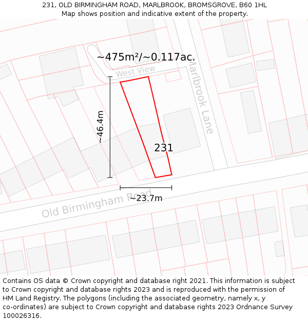 231, OLD BIRMINGHAM ROAD, MARLBROOK, BROMSGROVE, B60 1HL: Plot and title map