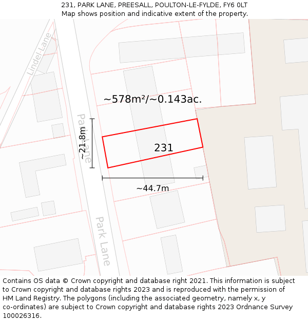 231, PARK LANE, PREESALL, POULTON-LE-FYLDE, FY6 0LT: Plot and title map