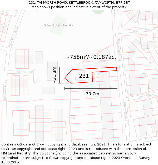 231, TAMWORTH ROAD, KETTLEBROOK, TAMWORTH, B77 1BT: Plot and title map