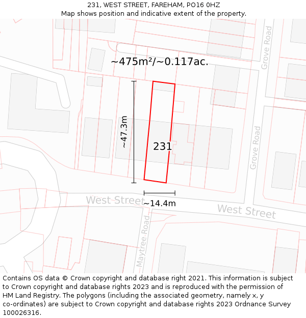 231, WEST STREET, FAREHAM, PO16 0HZ: Plot and title map