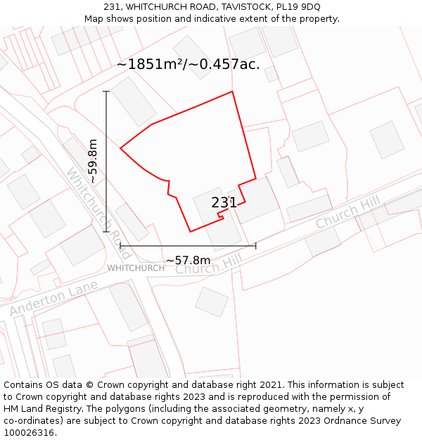 231, WHITCHURCH ROAD, TAVISTOCK, PL19 9DQ: Plot and title map