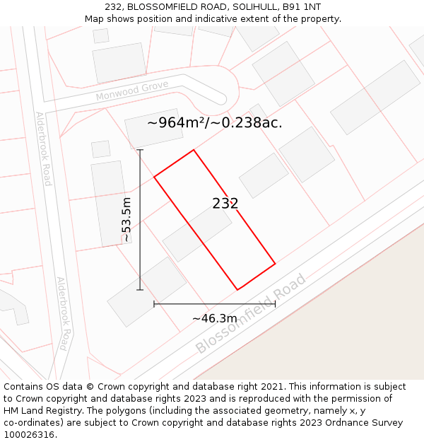 232, BLOSSOMFIELD ROAD, SOLIHULL, B91 1NT: Plot and title map