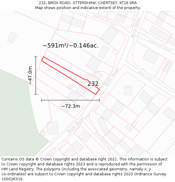 232, BROX ROAD, OTTERSHAW, CHERTSEY, KT16 0RA: Plot and title map