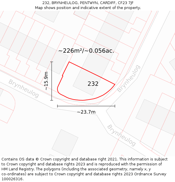 232, BRYNHEULOG, PENTWYN, CARDIFF, CF23 7JF: Plot and title map