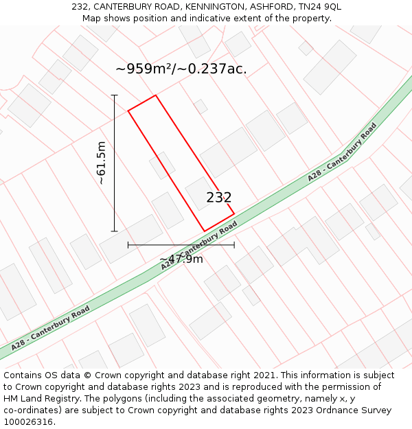 232, CANTERBURY ROAD, KENNINGTON, ASHFORD, TN24 9QL: Plot and title map