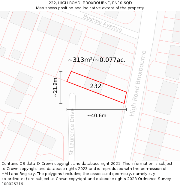 232, HIGH ROAD, BROXBOURNE, EN10 6QD: Plot and title map