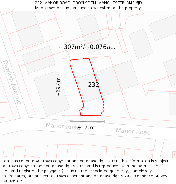 232, MANOR ROAD, DROYLSDEN, MANCHESTER, M43 6JD: Plot and title map