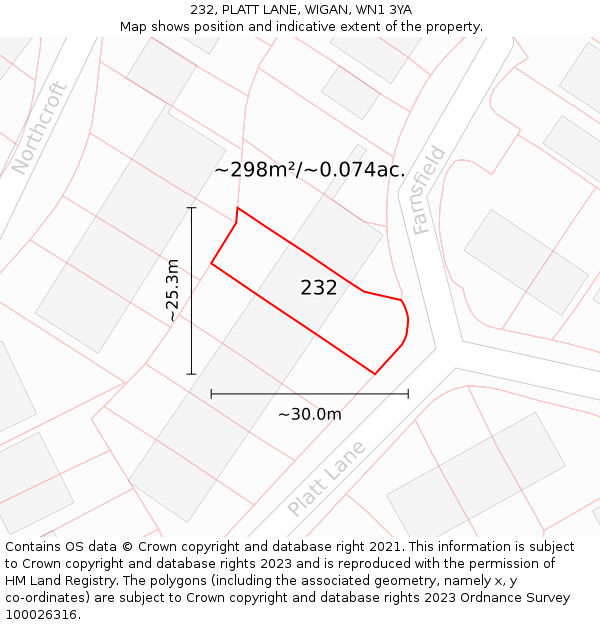 232, PLATT LANE, WIGAN, WN1 3YA: Plot and title map