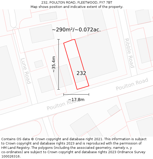 232, POULTON ROAD, FLEETWOOD, FY7 7BT: Plot and title map