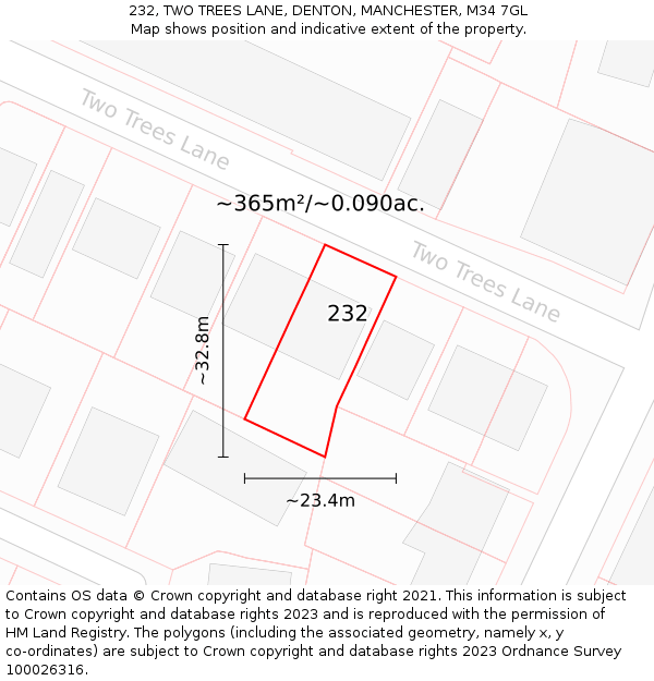 232, TWO TREES LANE, DENTON, MANCHESTER, M34 7GL: Plot and title map