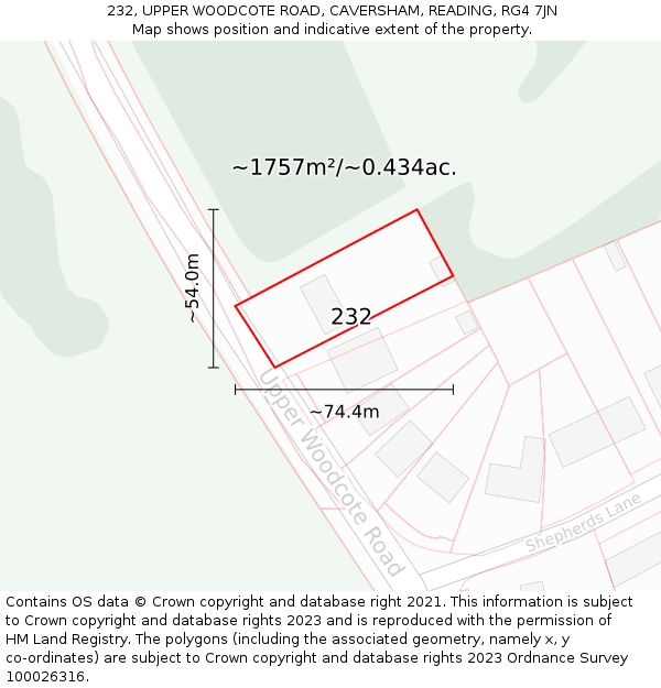 232, UPPER WOODCOTE ROAD, CAVERSHAM, READING, RG4 7JN: Plot and title map