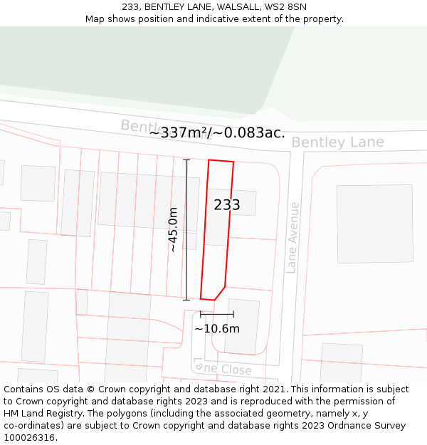 233, BENTLEY LANE, WALSALL, WS2 8SN: Plot and title map