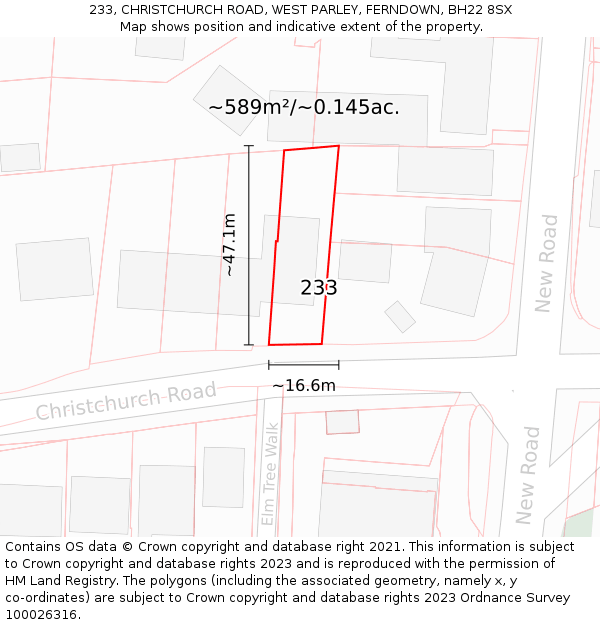 233, CHRISTCHURCH ROAD, WEST PARLEY, FERNDOWN, BH22 8SX: Plot and title map