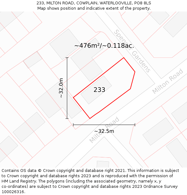 233, MILTON ROAD, COWPLAIN, WATERLOOVILLE, PO8 8LS: Plot and title map