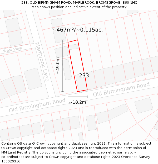 233, OLD BIRMINGHAM ROAD, MARLBROOK, BROMSGROVE, B60 1HQ: Plot and title map