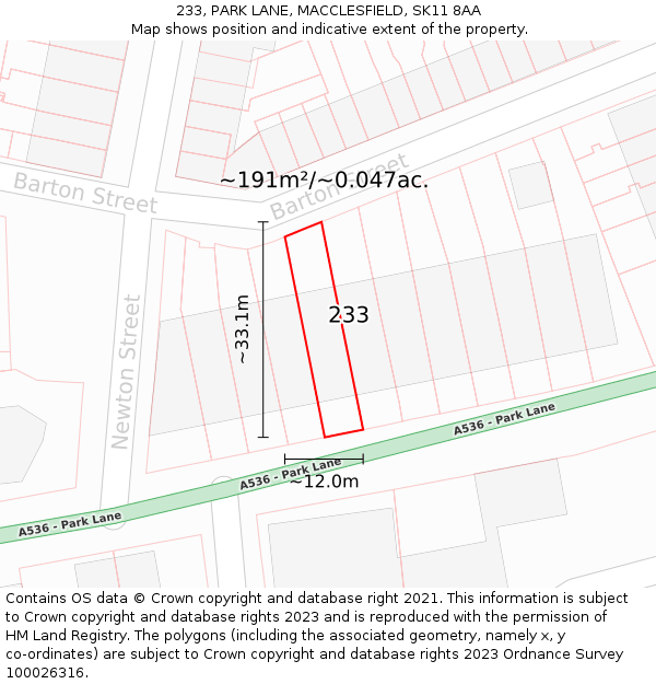 233, PARK LANE, MACCLESFIELD, SK11 8AA: Plot and title map