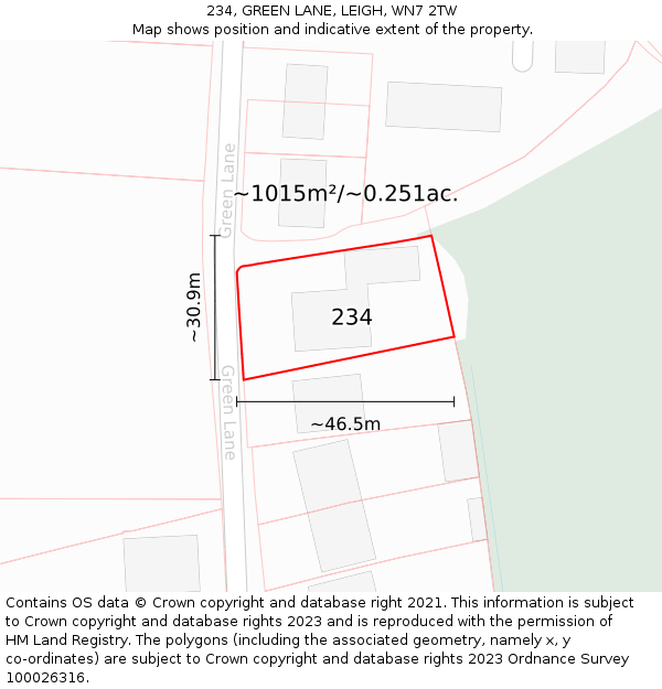 234, GREEN LANE, LEIGH, WN7 2TW: Plot and title map