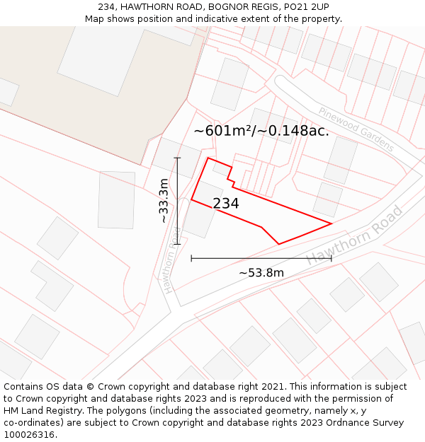 234, HAWTHORN ROAD, BOGNOR REGIS, PO21 2UP: Plot and title map