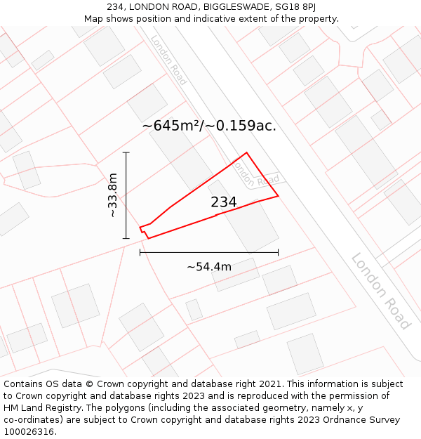 234, LONDON ROAD, BIGGLESWADE, SG18 8PJ: Plot and title map