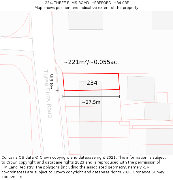 234, THREE ELMS ROAD, HEREFORD, HR4 0RF: Plot and title map