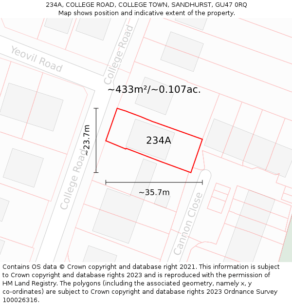 234A, COLLEGE ROAD, COLLEGE TOWN, SANDHURST, GU47 0RQ: Plot and title map