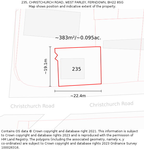 235, CHRISTCHURCH ROAD, WEST PARLEY, FERNDOWN, BH22 8SG: Plot and title map