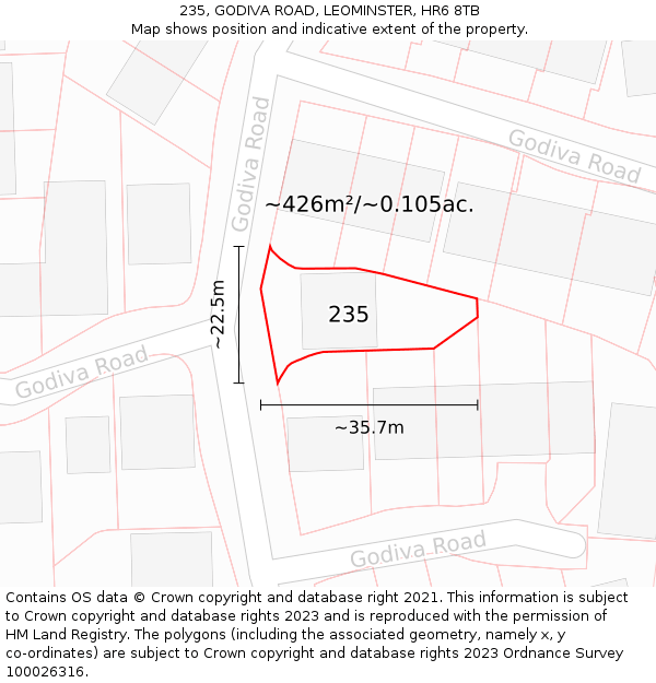 235, GODIVA ROAD, LEOMINSTER, HR6 8TB: Plot and title map