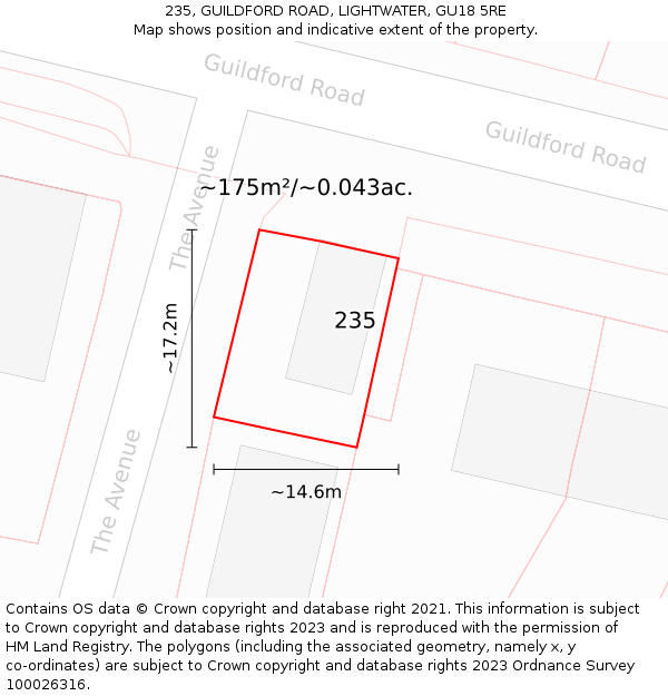 235, GUILDFORD ROAD, LIGHTWATER, GU18 5RE: Plot and title map