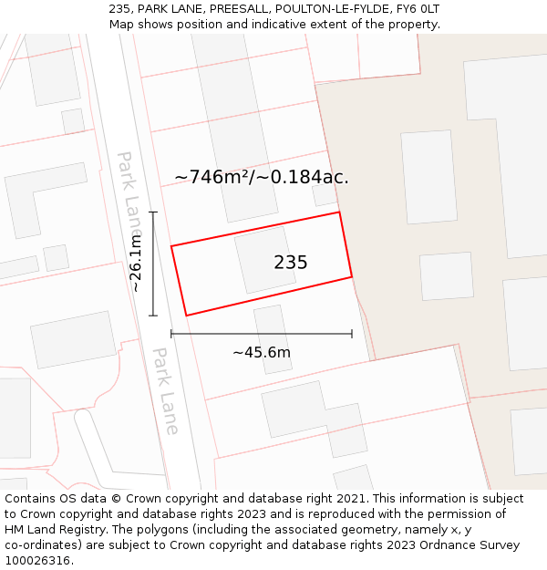 235, PARK LANE, PREESALL, POULTON-LE-FYLDE, FY6 0LT: Plot and title map