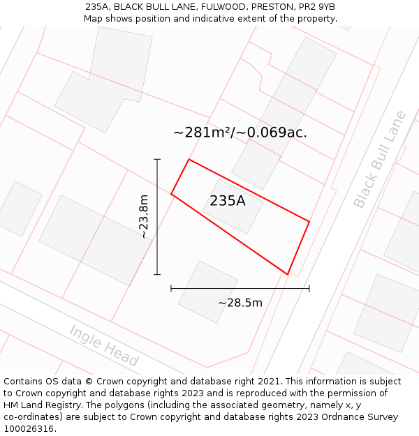 235A, BLACK BULL LANE, FULWOOD, PRESTON, PR2 9YB: Plot and title map