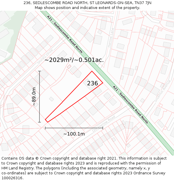 236, SEDLESCOMBE ROAD NORTH, ST LEONARDS-ON-SEA, TN37 7JN: Plot and title map