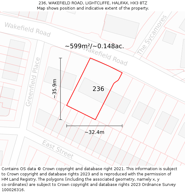 236, WAKEFIELD ROAD, LIGHTCLIFFE, HALIFAX, HX3 8TZ: Plot and title map