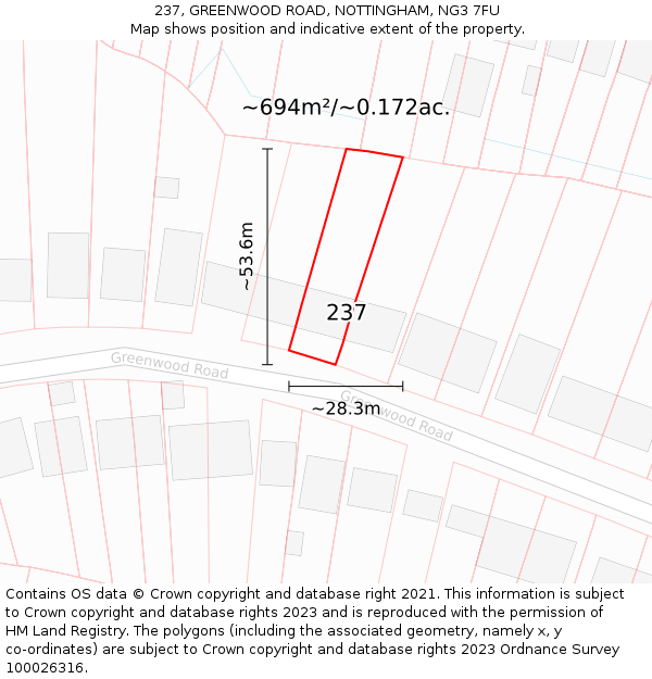 237, GREENWOOD ROAD, NOTTINGHAM, NG3 7FU: Plot and title map