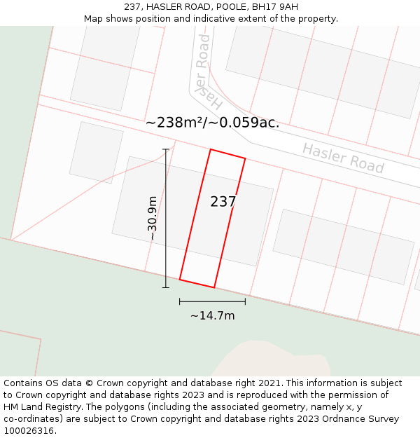 237, HASLER ROAD, POOLE, BH17 9AH: Plot and title map