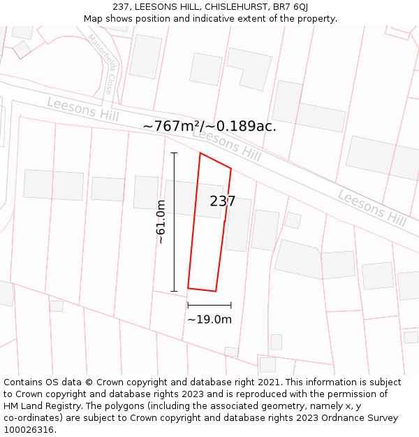 237, LEESONS HILL, CHISLEHURST, BR7 6QJ: Plot and title map