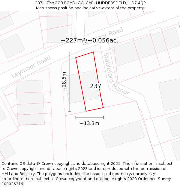 237, LEYMOOR ROAD, GOLCAR, HUDDERSFIELD, HD7 4QP: Plot and title map