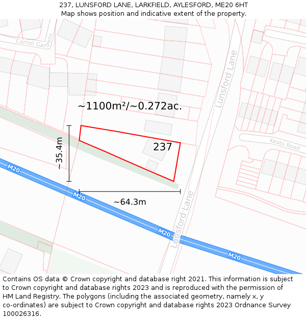 237, LUNSFORD LANE, LARKFIELD, AYLESFORD, ME20 6HT: Plot and title map