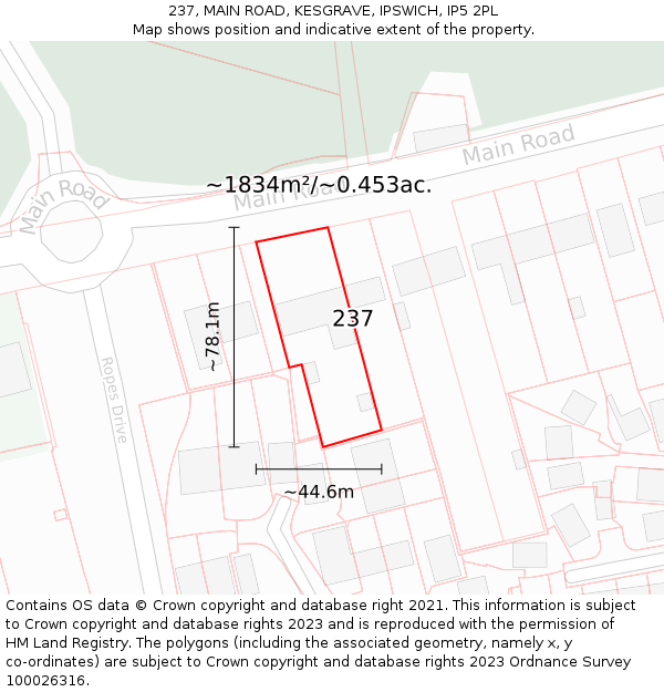 237, MAIN ROAD, KESGRAVE, IPSWICH, IP5 2PL: Plot and title map