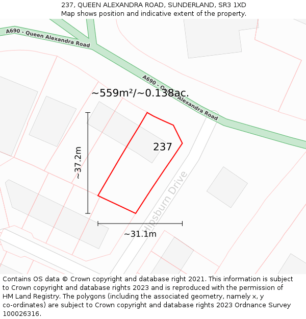 237, QUEEN ALEXANDRA ROAD, SUNDERLAND, SR3 1XD: Plot and title map