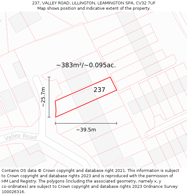 237, VALLEY ROAD, LILLINGTON, LEAMINGTON SPA, CV32 7UF: Plot and title map