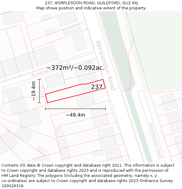 237, WORPLESDON ROAD, GUILDFORD, GU2 9XJ: Plot and title map