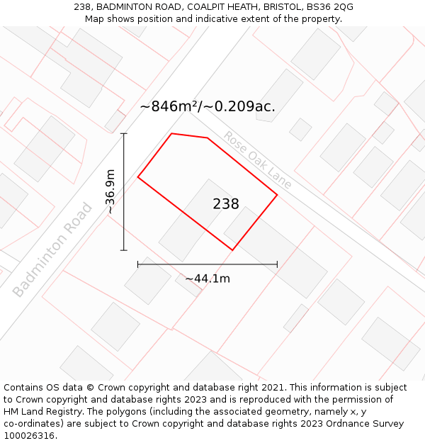 238, BADMINTON ROAD, COALPIT HEATH, BRISTOL, BS36 2QG: Plot and title map