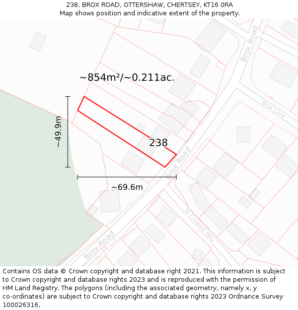 238, BROX ROAD, OTTERSHAW, CHERTSEY, KT16 0RA: Plot and title map