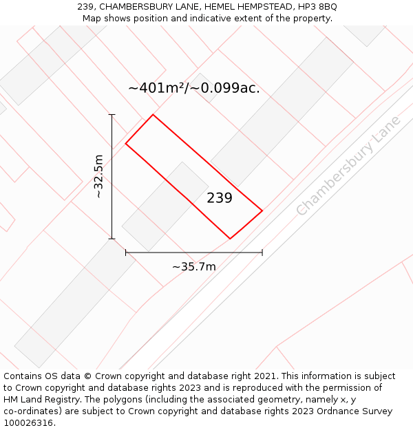 239, CHAMBERSBURY LANE, HEMEL HEMPSTEAD, HP3 8BQ: Plot and title map