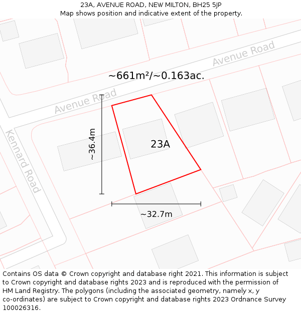 23A, AVENUE ROAD, NEW MILTON, BH25 5JP: Plot and title map