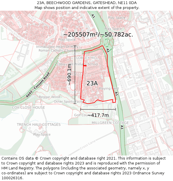 23A, BEECHWOOD GARDENS, GATESHEAD, NE11 0DA: Plot and title map