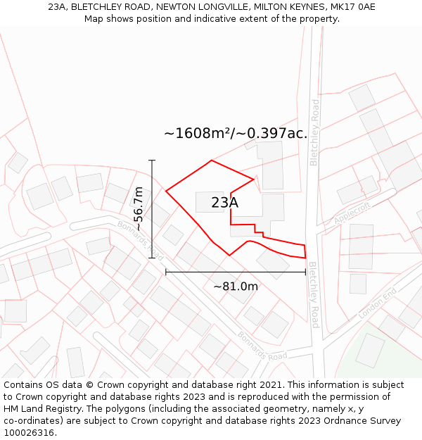 23A, BLETCHLEY ROAD, NEWTON LONGVILLE, MILTON KEYNES, MK17 0AE: Plot and title map