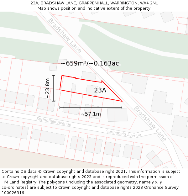 23A, BRADSHAW LANE, GRAPPENHALL, WARRINGTON, WA4 2NL: Plot and title map