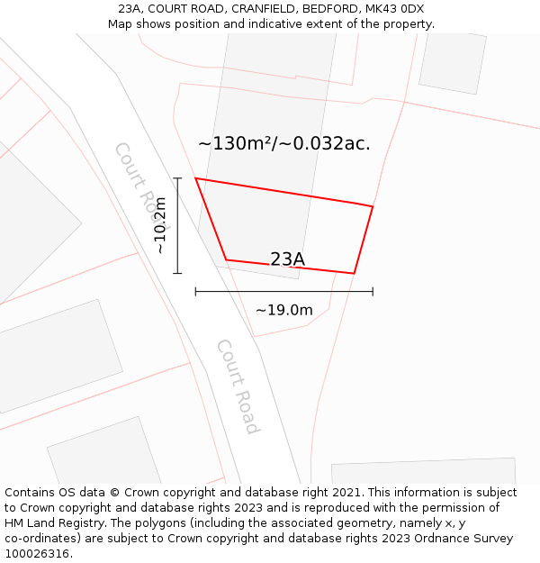 23A, COURT ROAD, CRANFIELD, BEDFORD, MK43 0DX: Plot and title map